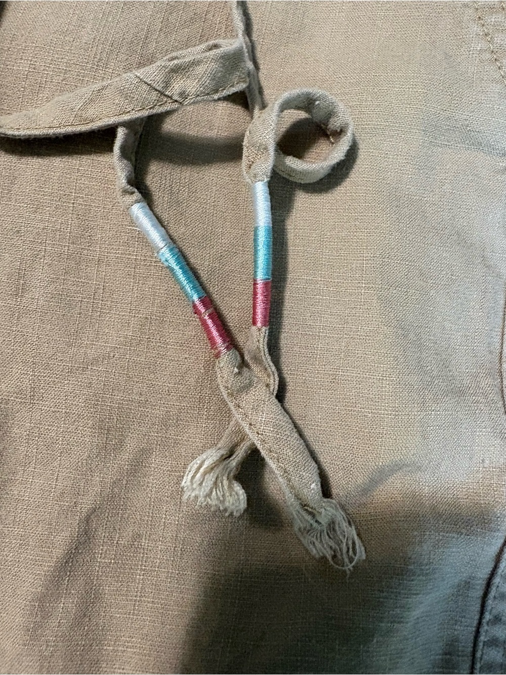 J. Crew Beige Drawstring Top with Teal and Red Threading